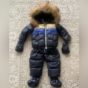 Add 2 piece snow suit with mittens and booties removable hood and real fox fur